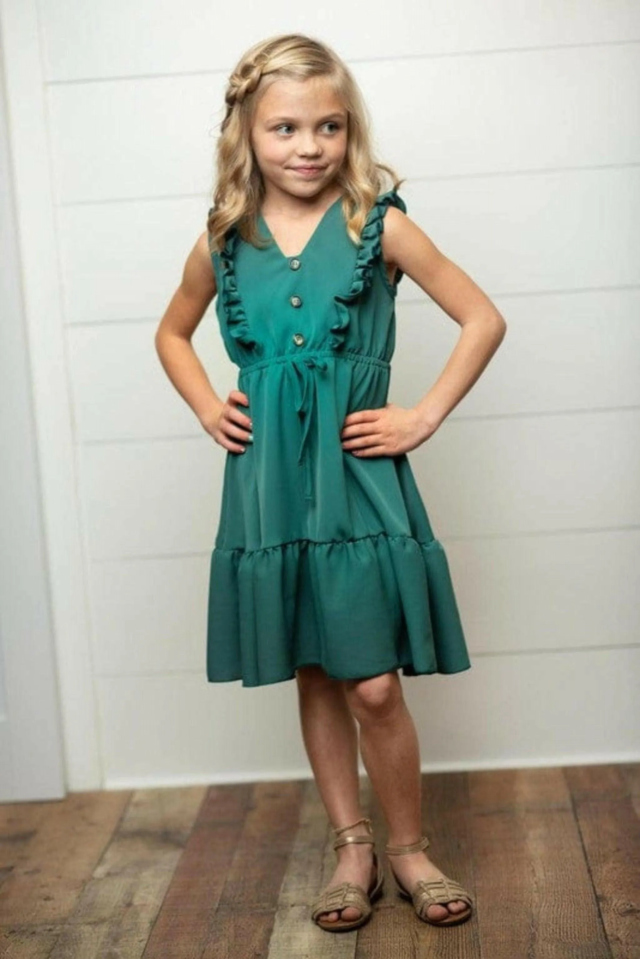 Kids Dark Teal Ruffle Front Button Dress