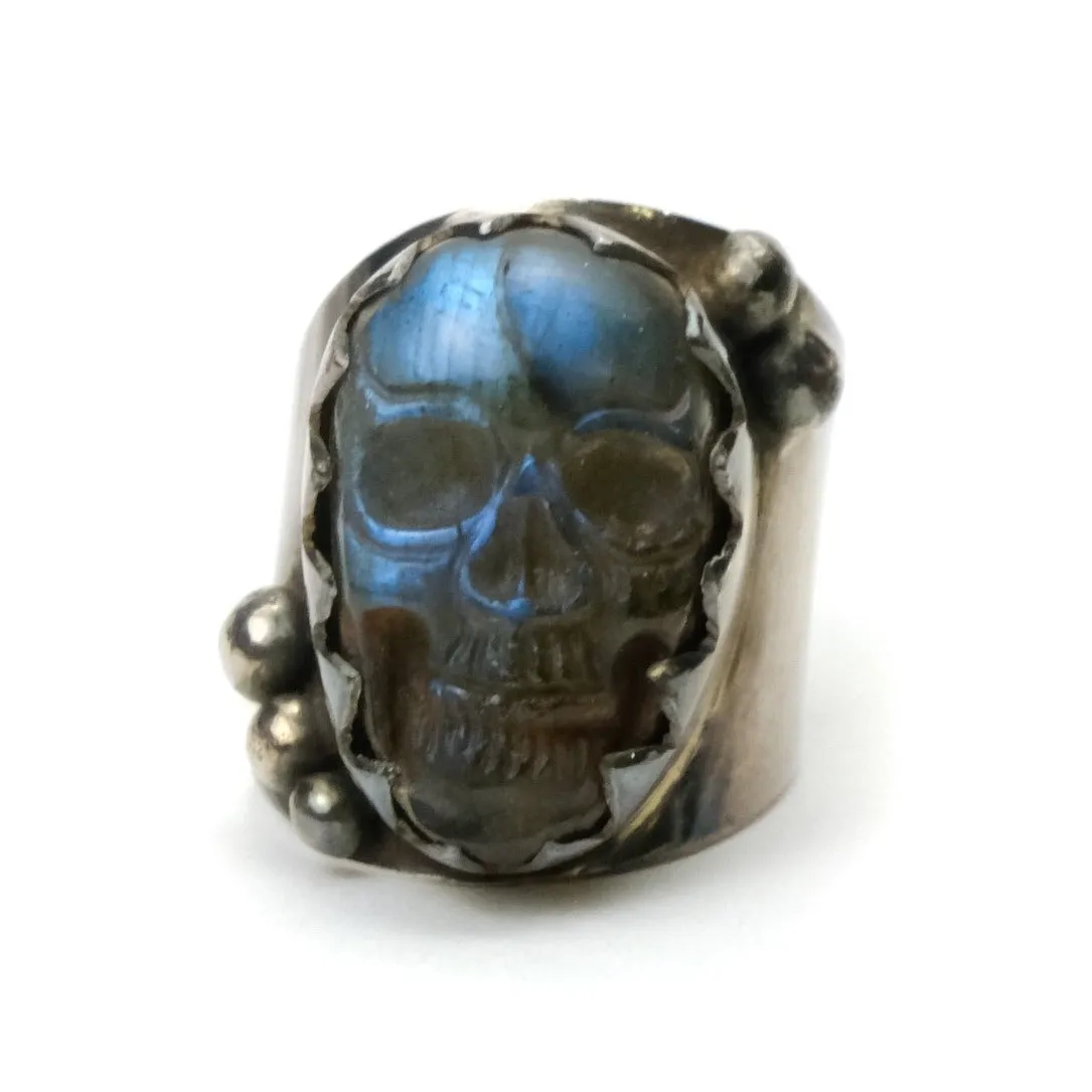 Labradorite Memento Mori Finely Carved Skull Cabochon in Sterling Silver 1