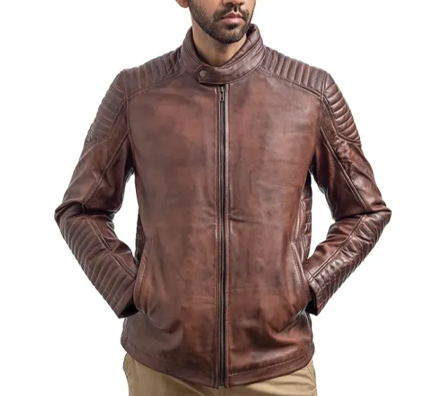 Mens Retro Cafe Racer Distressed Brown Jacket