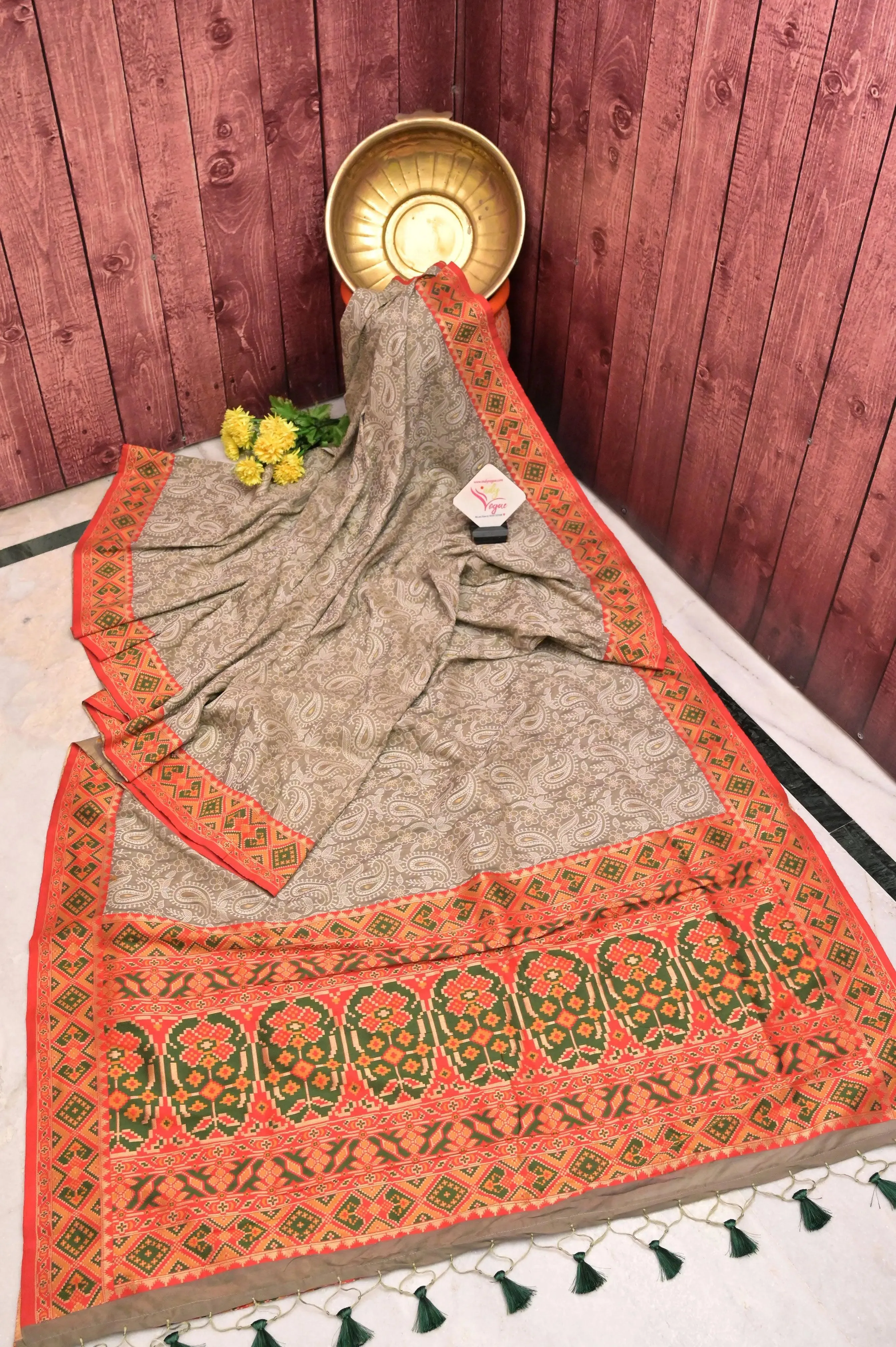 Mud Grey Color Designer Kani Silk Saree with Machine Weaving