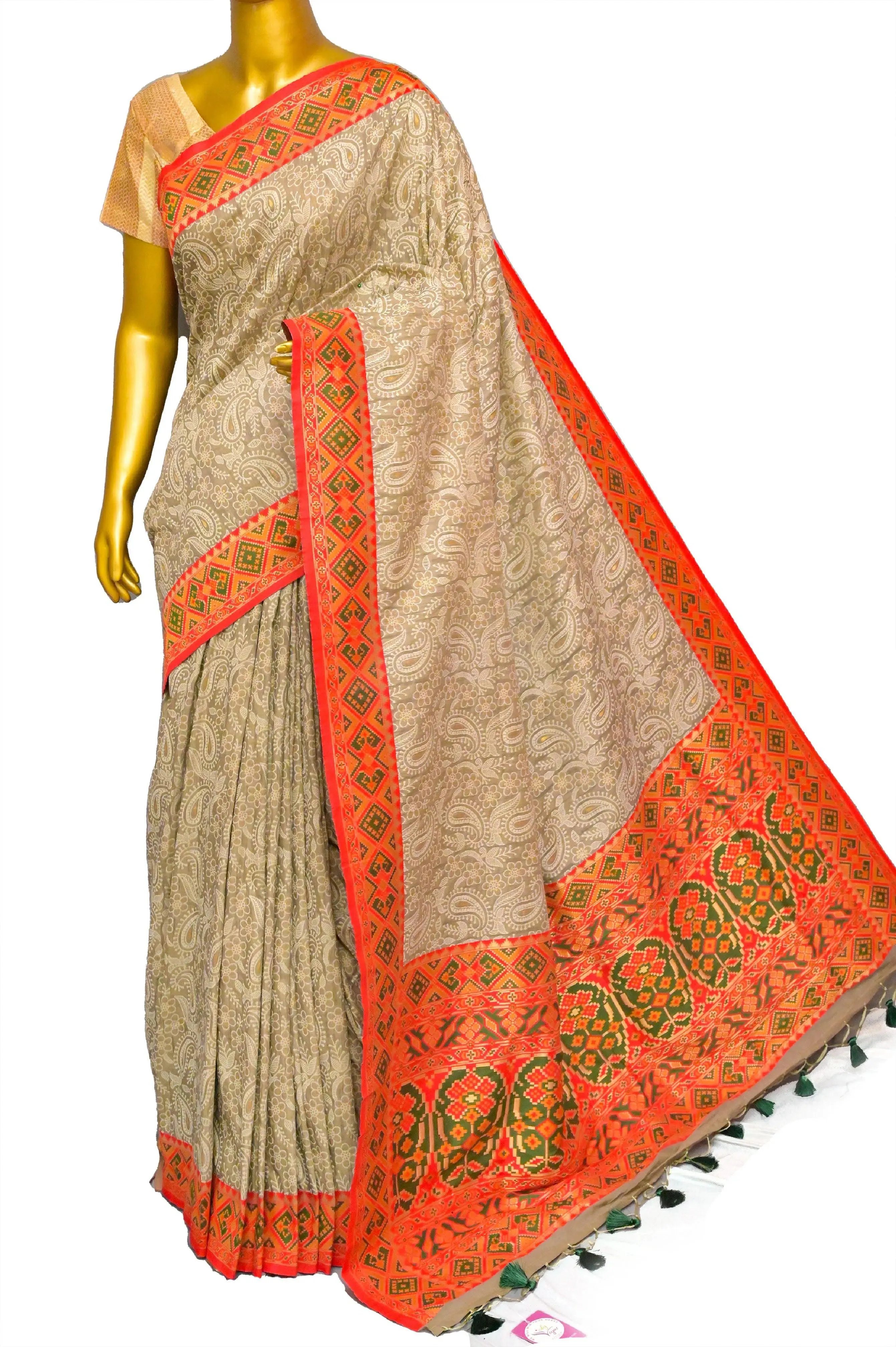 Mud Grey Color Designer Kani Silk Saree with Machine Weaving