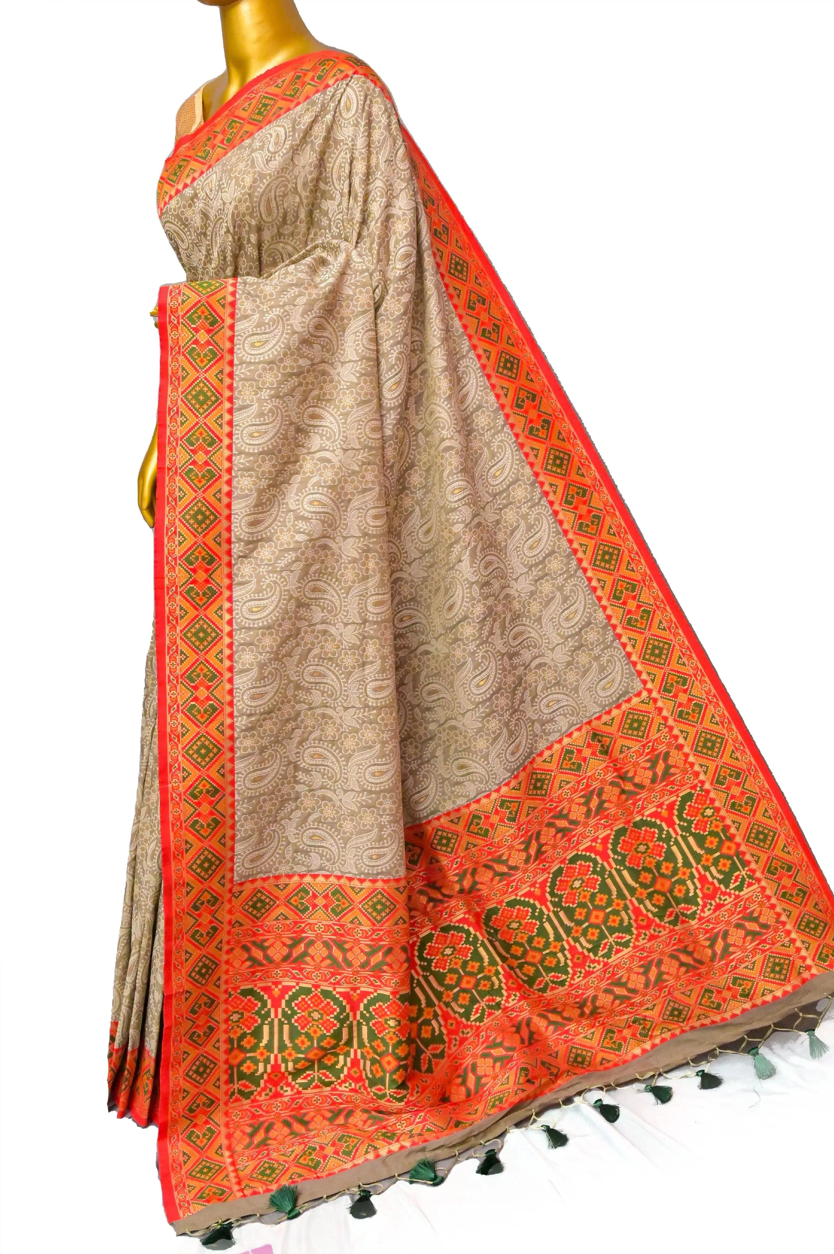 Mud Grey Color Designer Kani Silk Saree with Machine Weaving