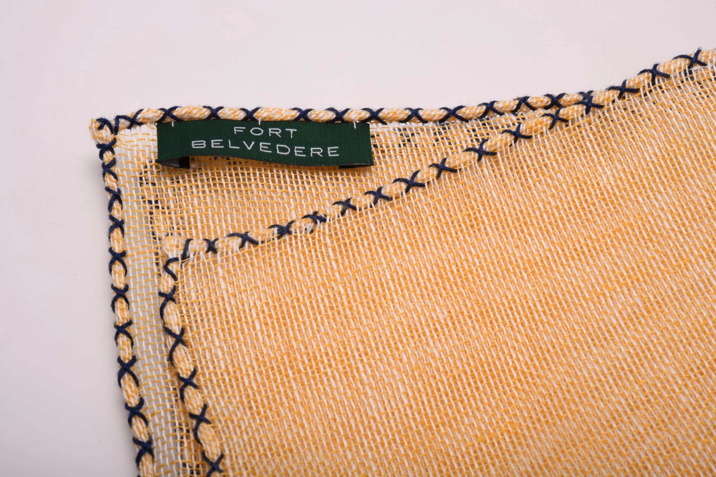 Navy Blue X-Stitch Edge Yellow Linen Pocket Square