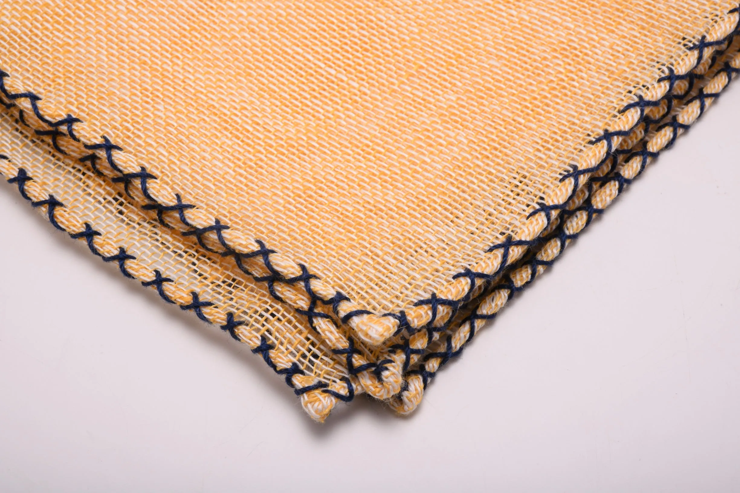 Navy Blue X-Stitch Edge Yellow Linen Pocket Square