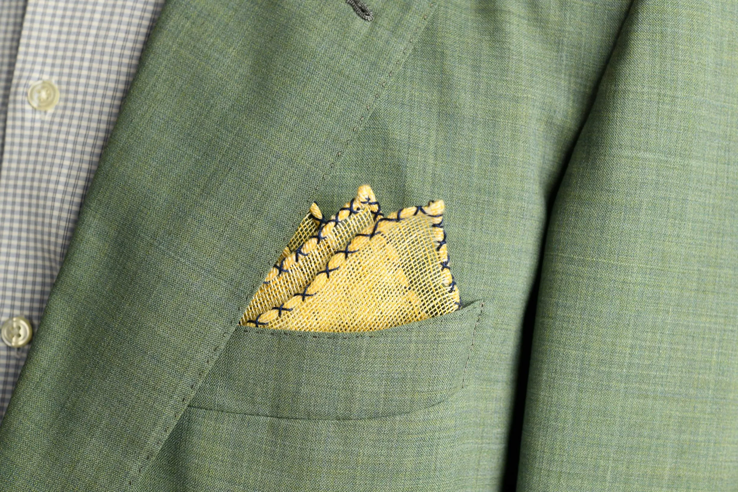 Navy Blue X-Stitch Edge Yellow Linen Pocket Square