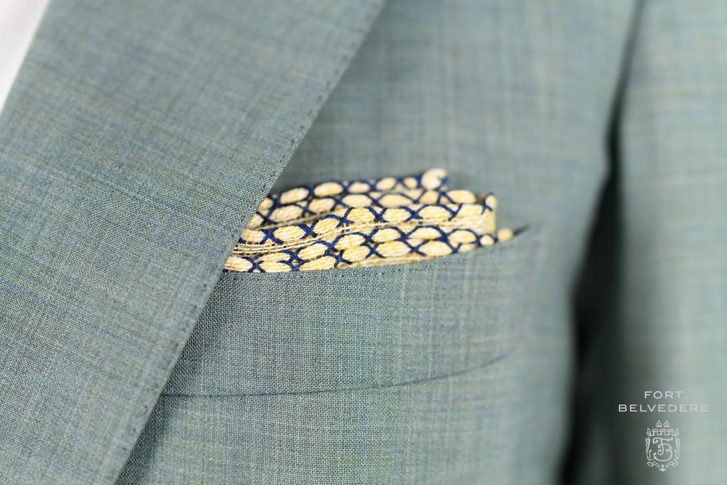 Navy Blue X-Stitch Edge Yellow Linen Pocket Square