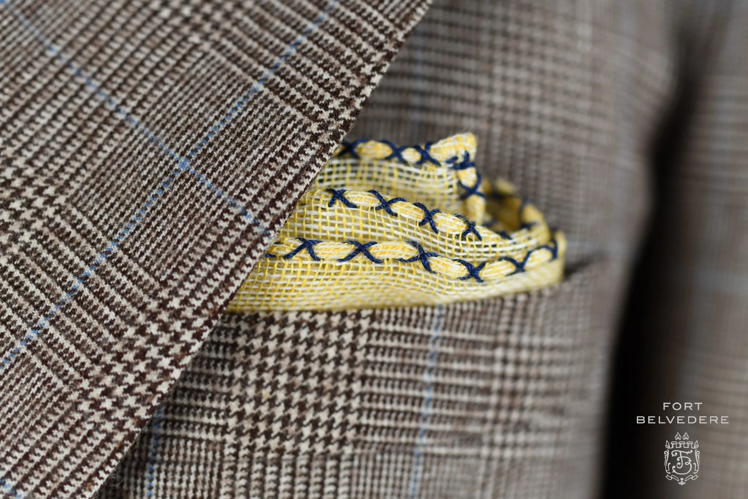 Navy Blue X-Stitch Edge Yellow Linen Pocket Square