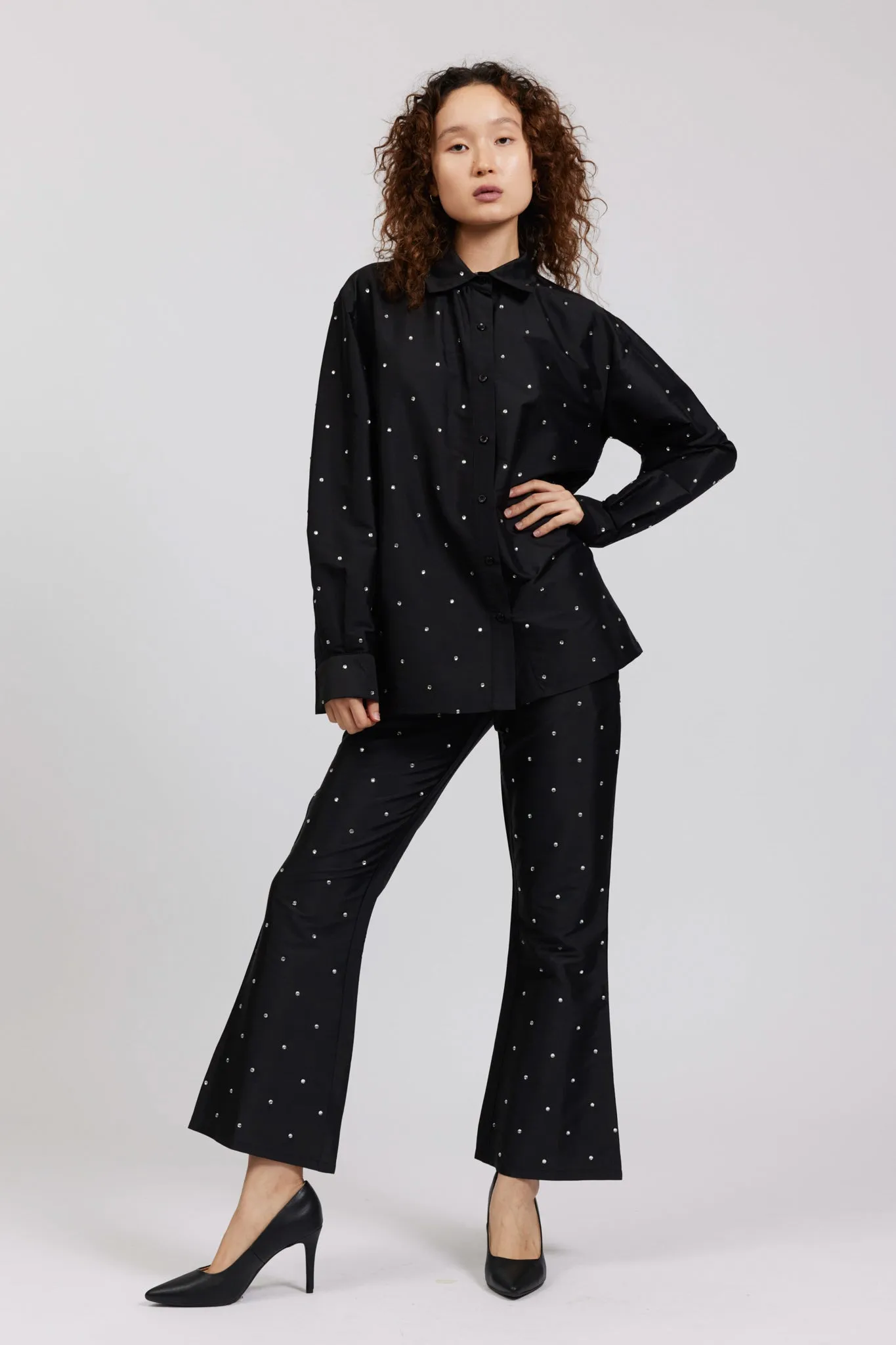 Oversized Button Up in Black Rhinestone