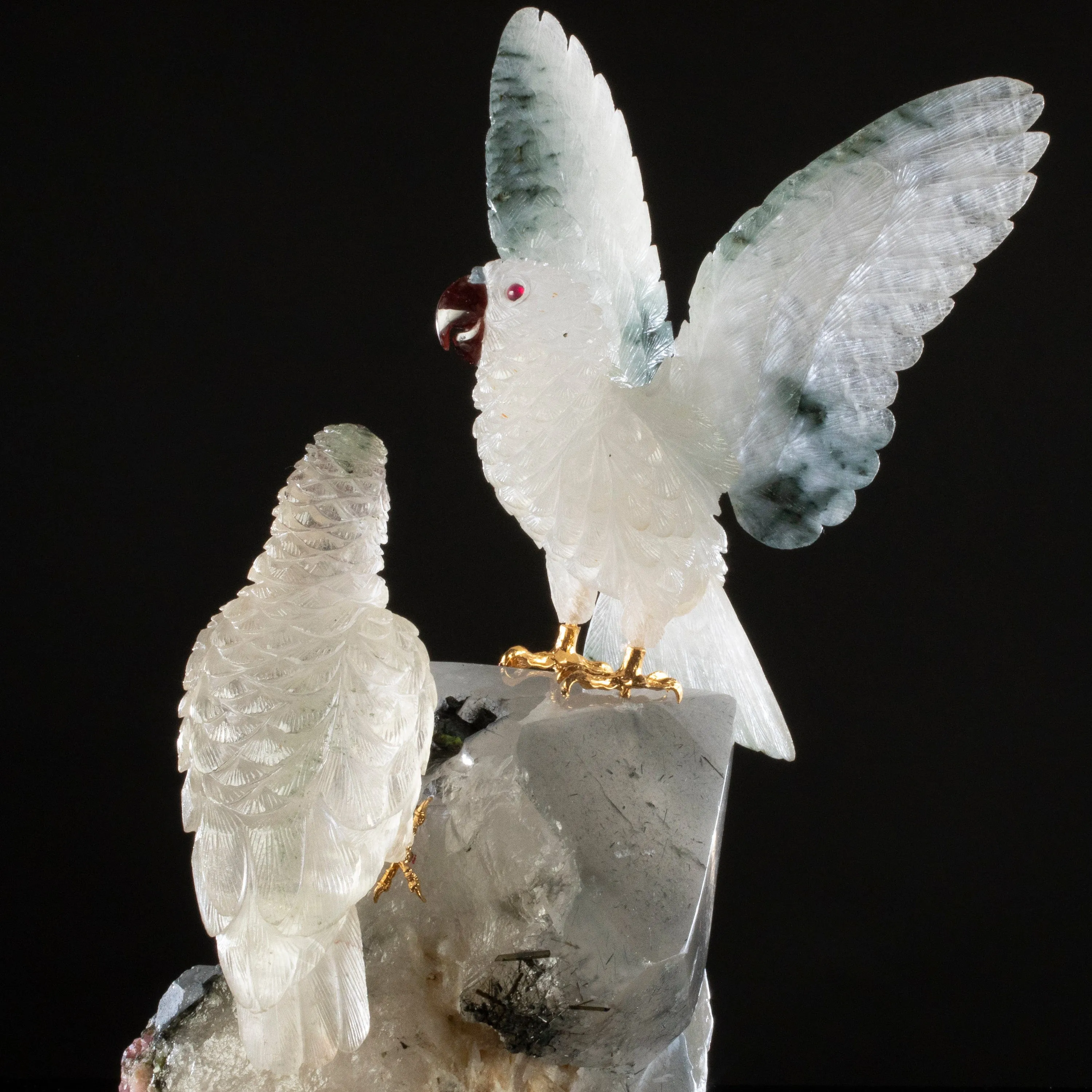 Peter Muller Actionlite Parrot Couple Love Birds Carving on Smoky Quartz & Tourmaline Base