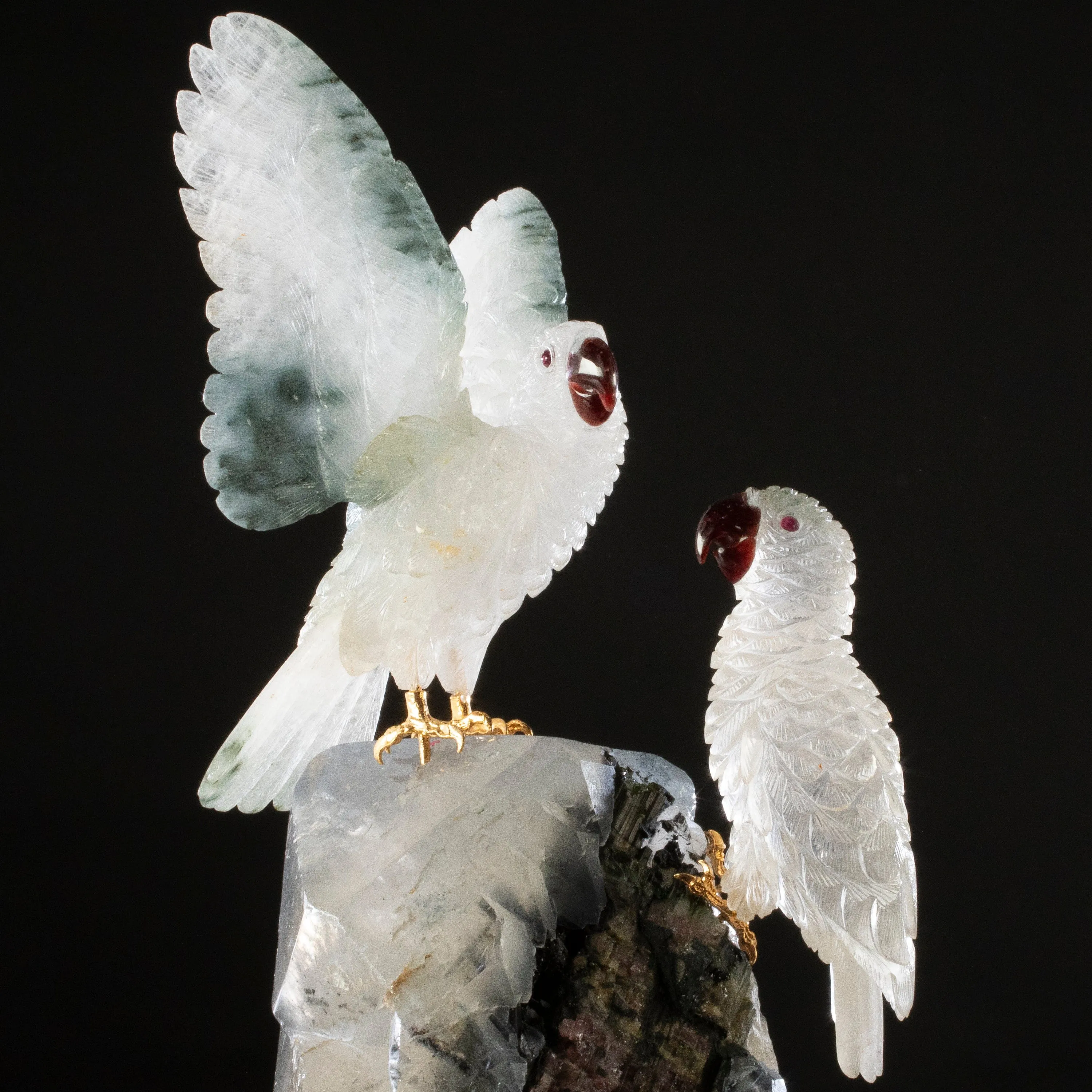 Peter Muller Actionlite Parrot Couple Love Birds Carving on Smoky Quartz & Tourmaline Base