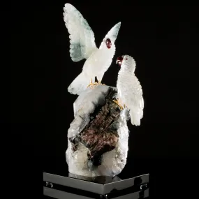 Peter Muller Actionlite Parrot Couple Love Birds Carving on Smoky Quartz & Tourmaline Base