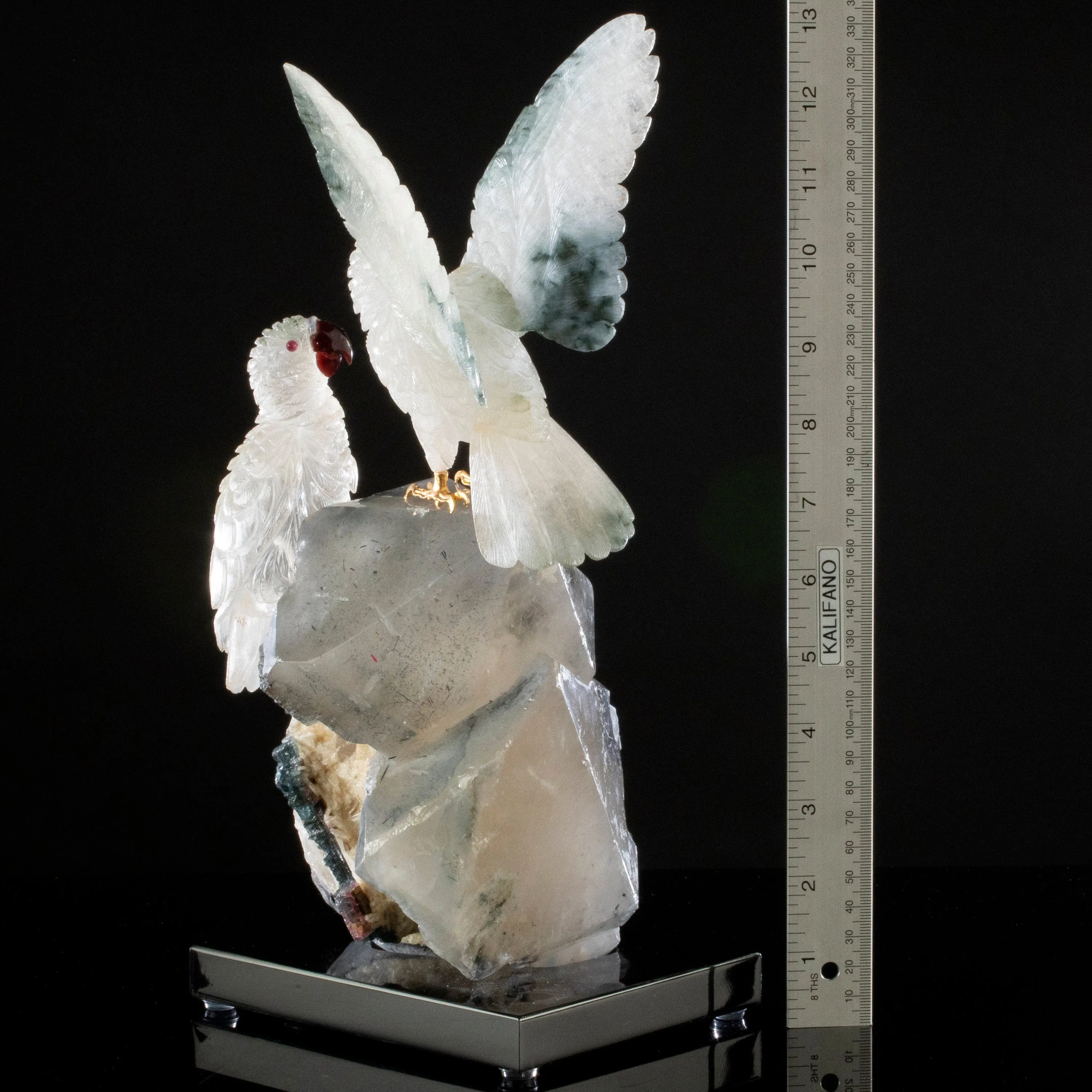 Peter Muller Actionlite Parrot Couple Love Birds Carving on Smoky Quartz & Tourmaline Base