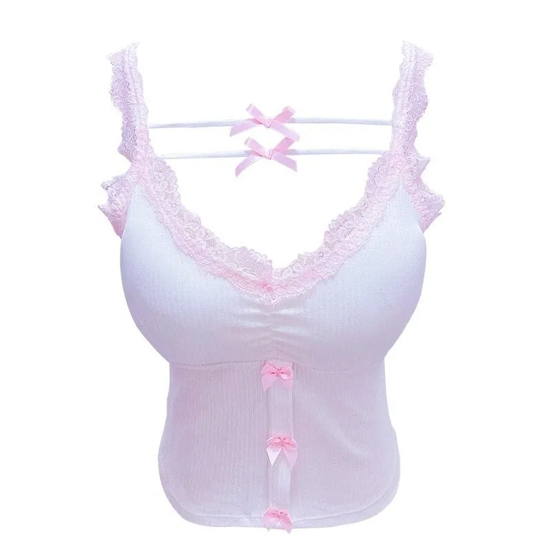 Pink Crop Top - Cute Lace Trim with Bow Decoration