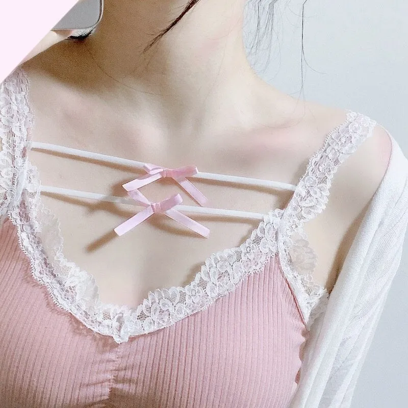 Pink Crop Top - Cute Lace Trim with Bow Decoration