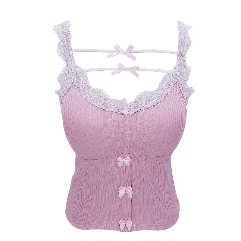 Pink Crop Top - Cute Lace Trim with Bow Decoration