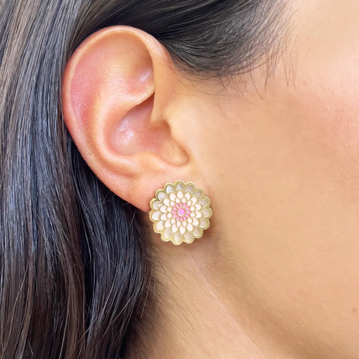 Pink Dahlia Flower Stud Earrings