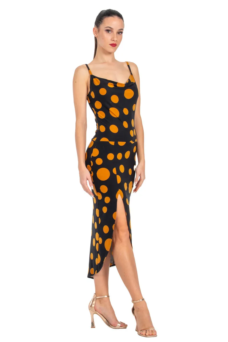 Polka Dot Tango Dress With Curved Front Slit