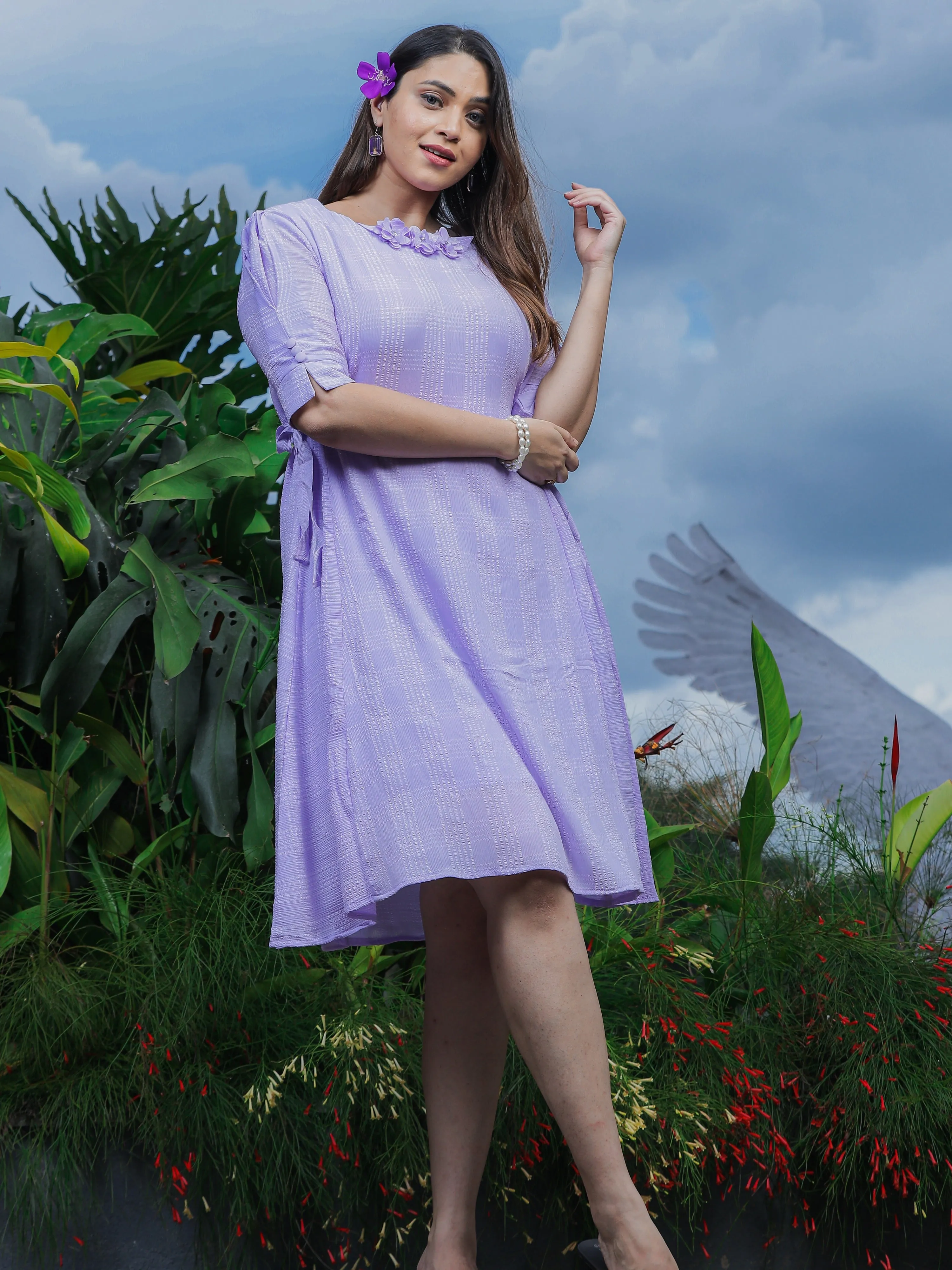 Premium Fancy Neck Polyester Floral Dress Lilac