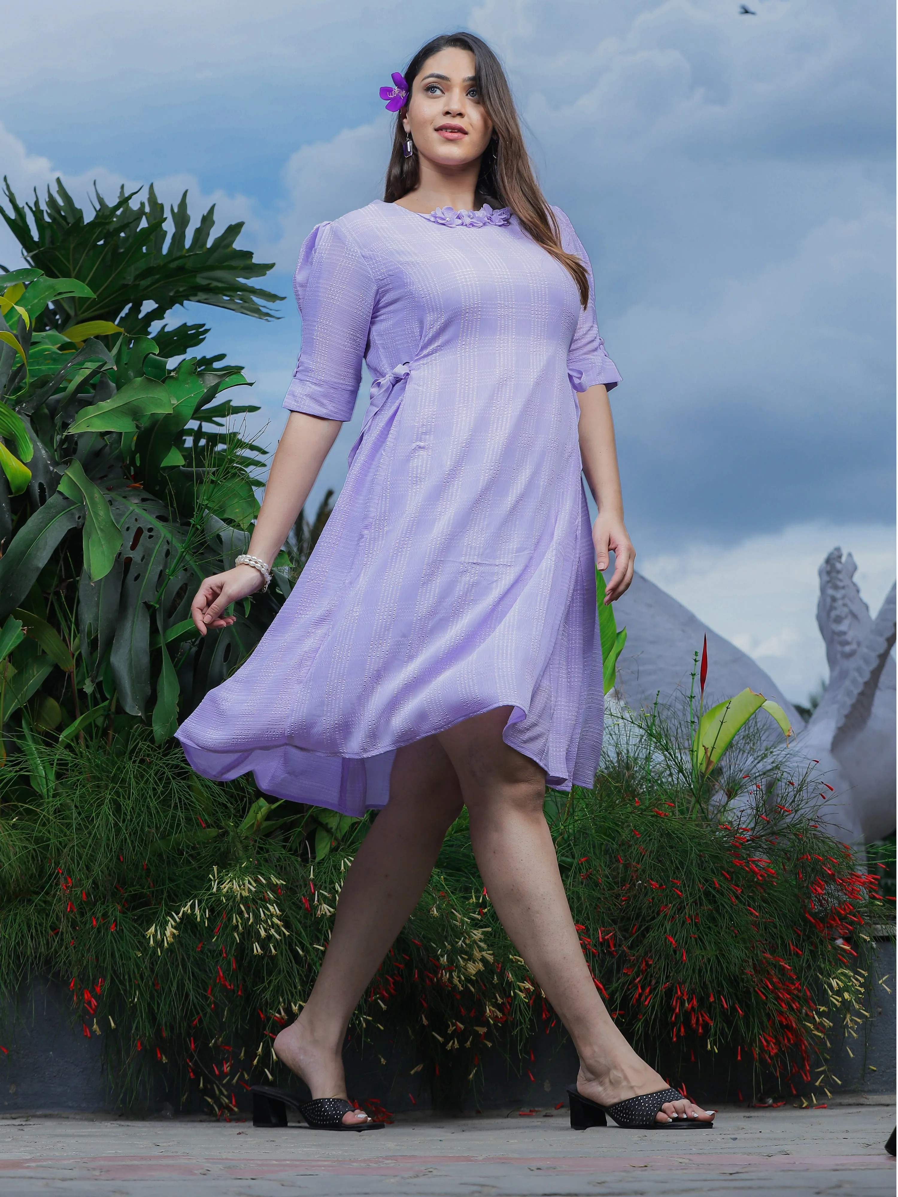 Premium Fancy Neck Polyester Floral Dress Lilac