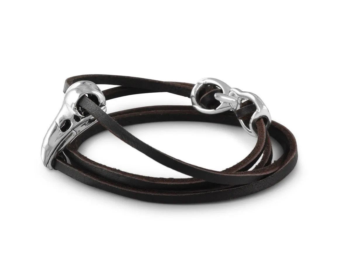 Raven Skull Leather Bracelet - Silver