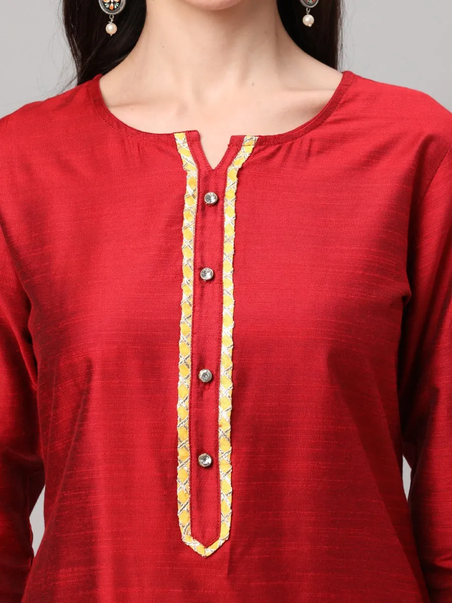 Red Solid Kurta Trouser Dupatta