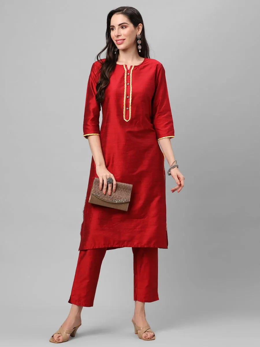 Red Solid Kurta Trouser Dupatta