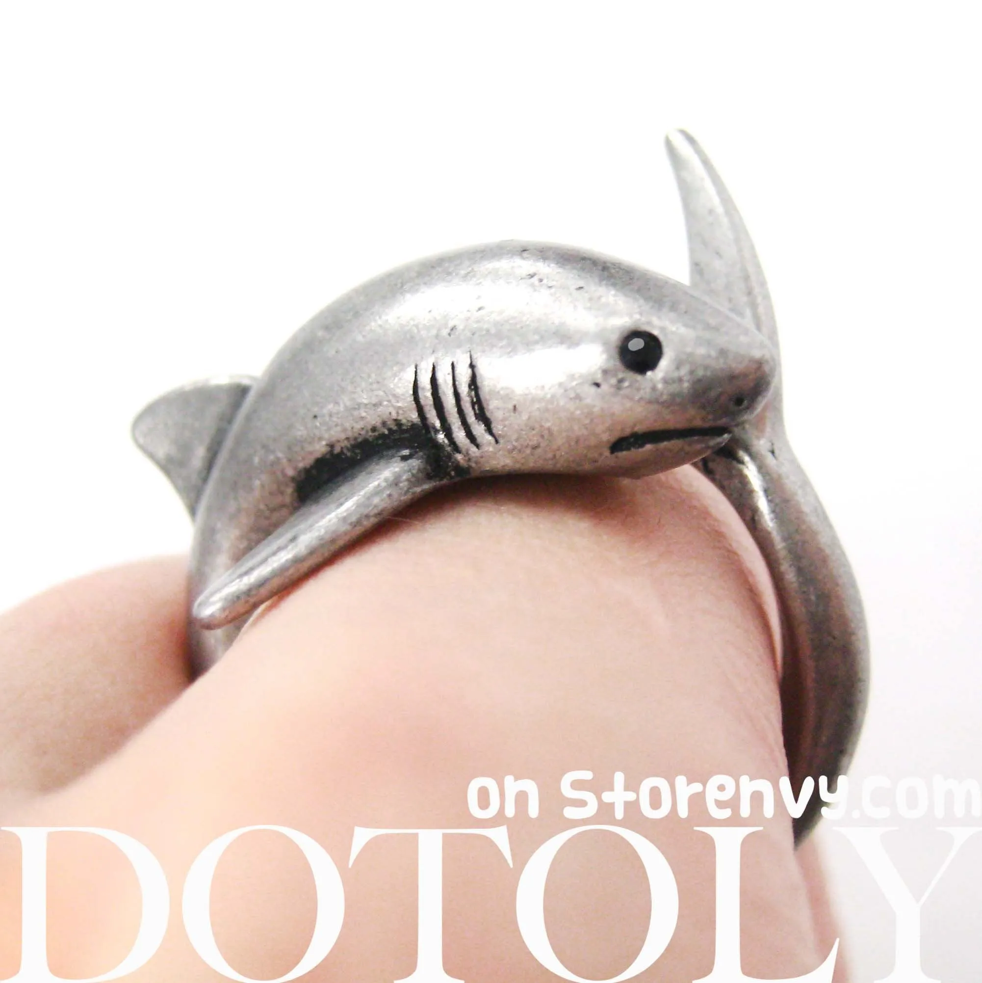 Shark Sea Animal Wrap Around Realistic Ring in Silver - Size 5 to 10