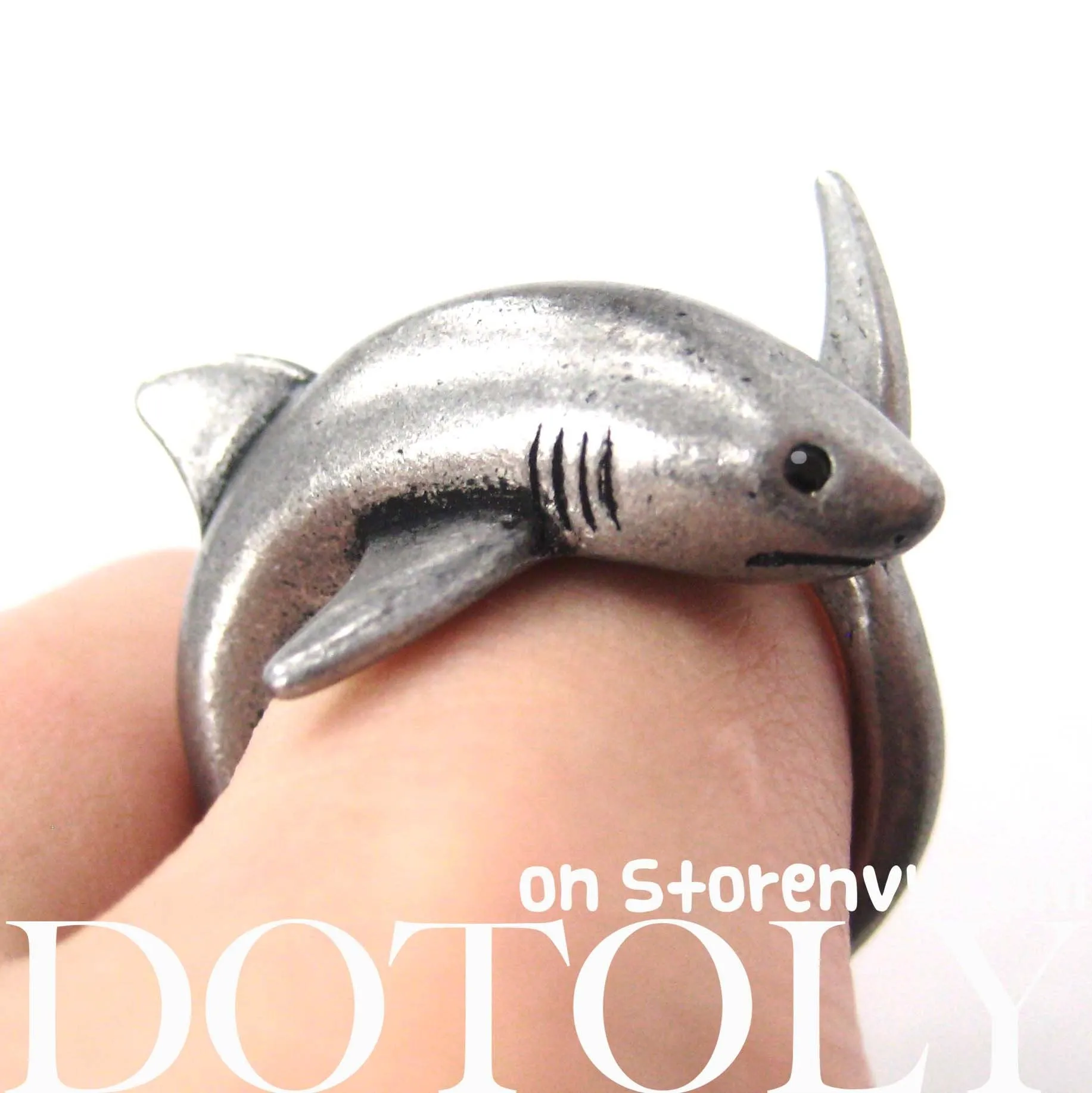 Shark Sea Animal Wrap Around Realistic Ring in Silver - Size 5 to 10