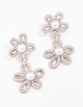 Silver Double Flower Pearl Drop Earrings