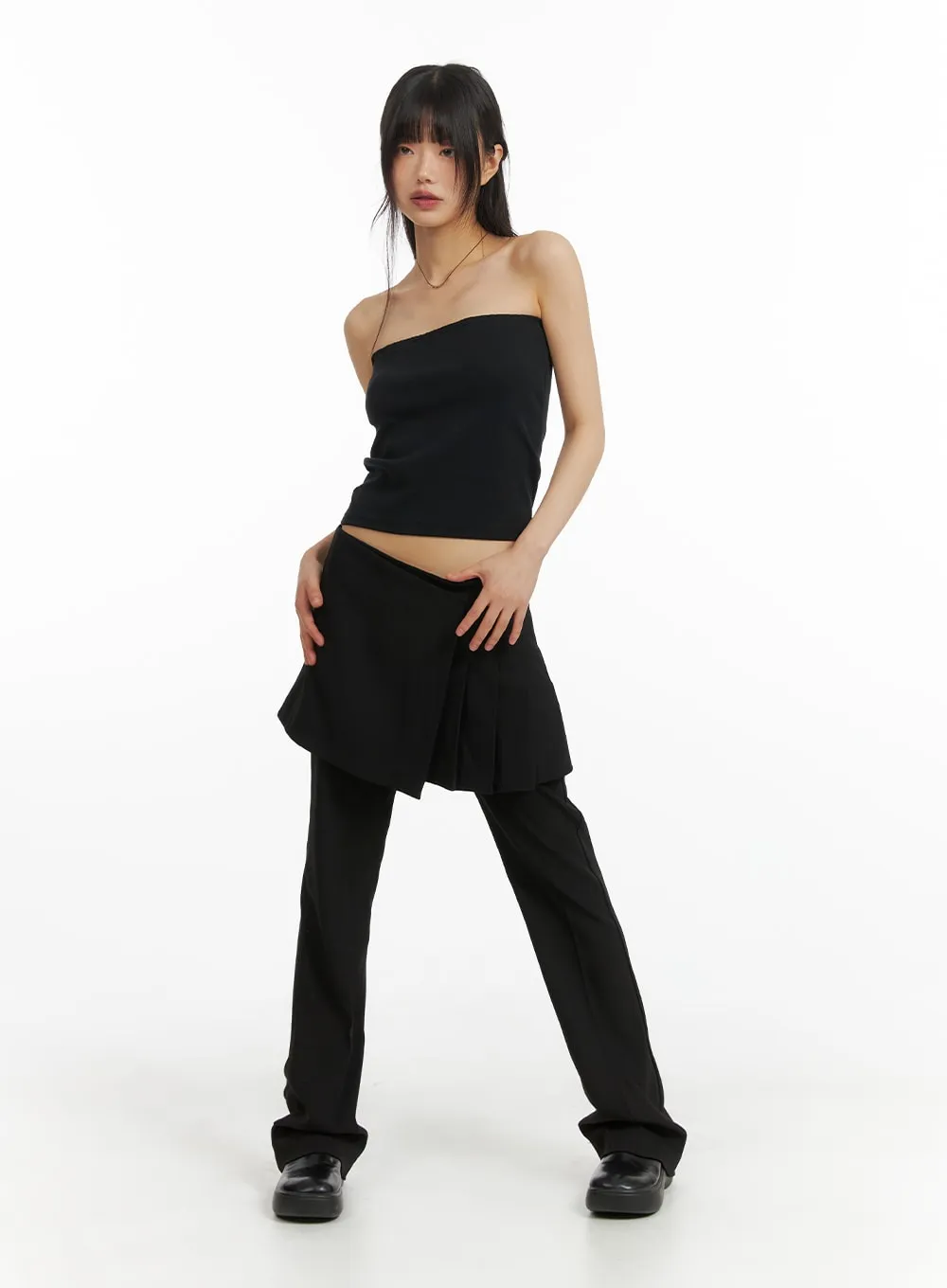 Solid Skirt Layered Straight Leg Pants CM412