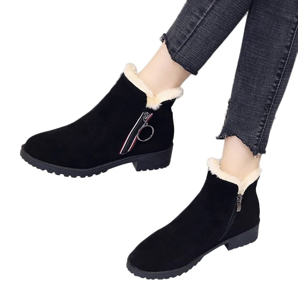 Square High Heels Zipper Suede Round Head Boots