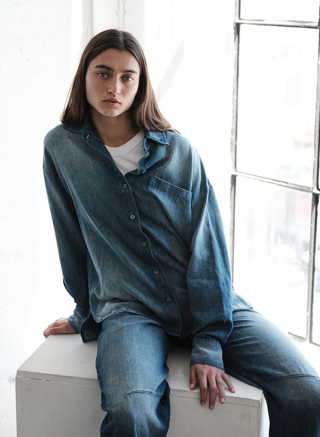 Stonewashed Chambray Oversized Shirt in Medium Wash