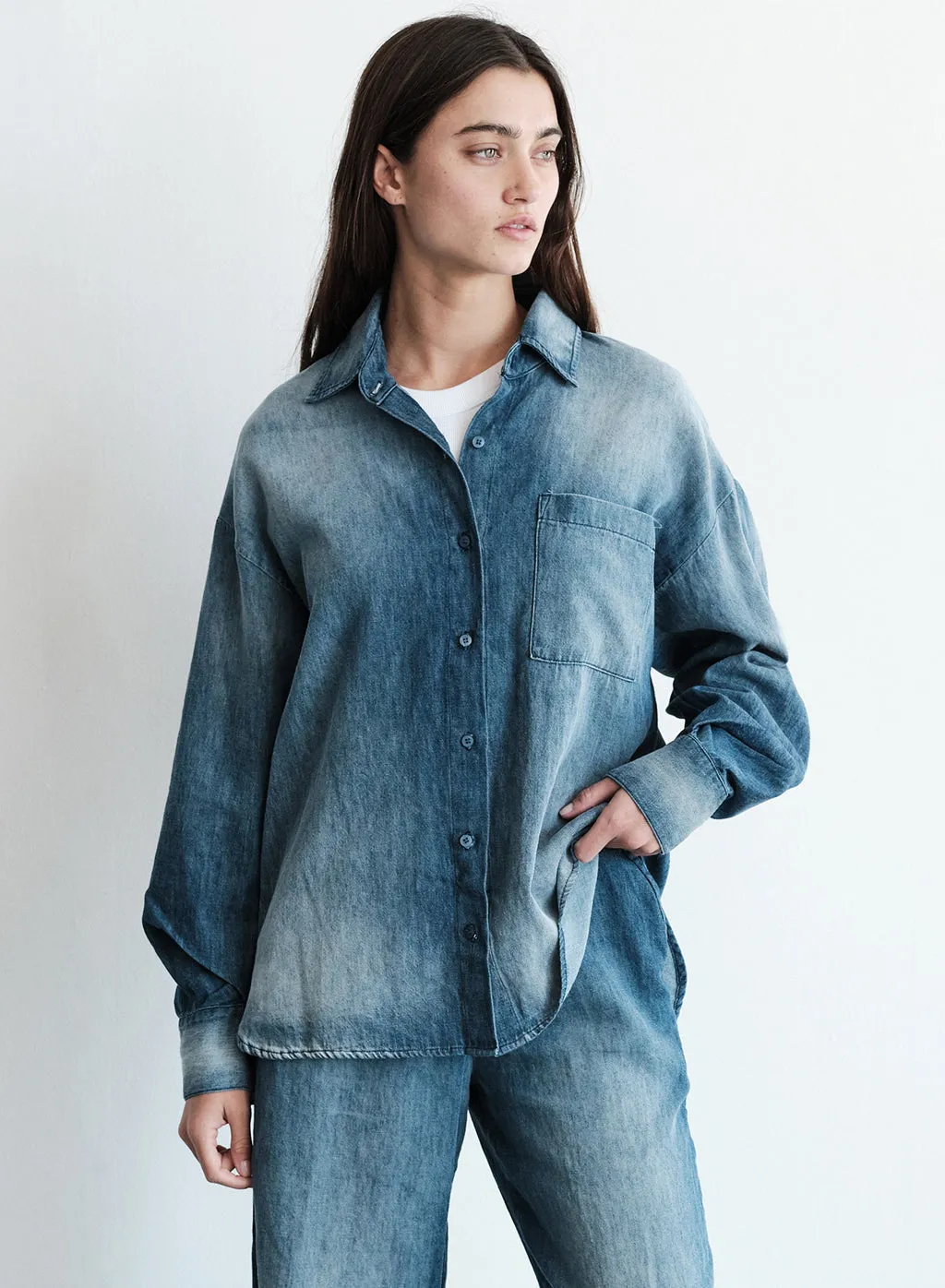 Stonewashed Chambray Oversized Shirt in Medium Wash