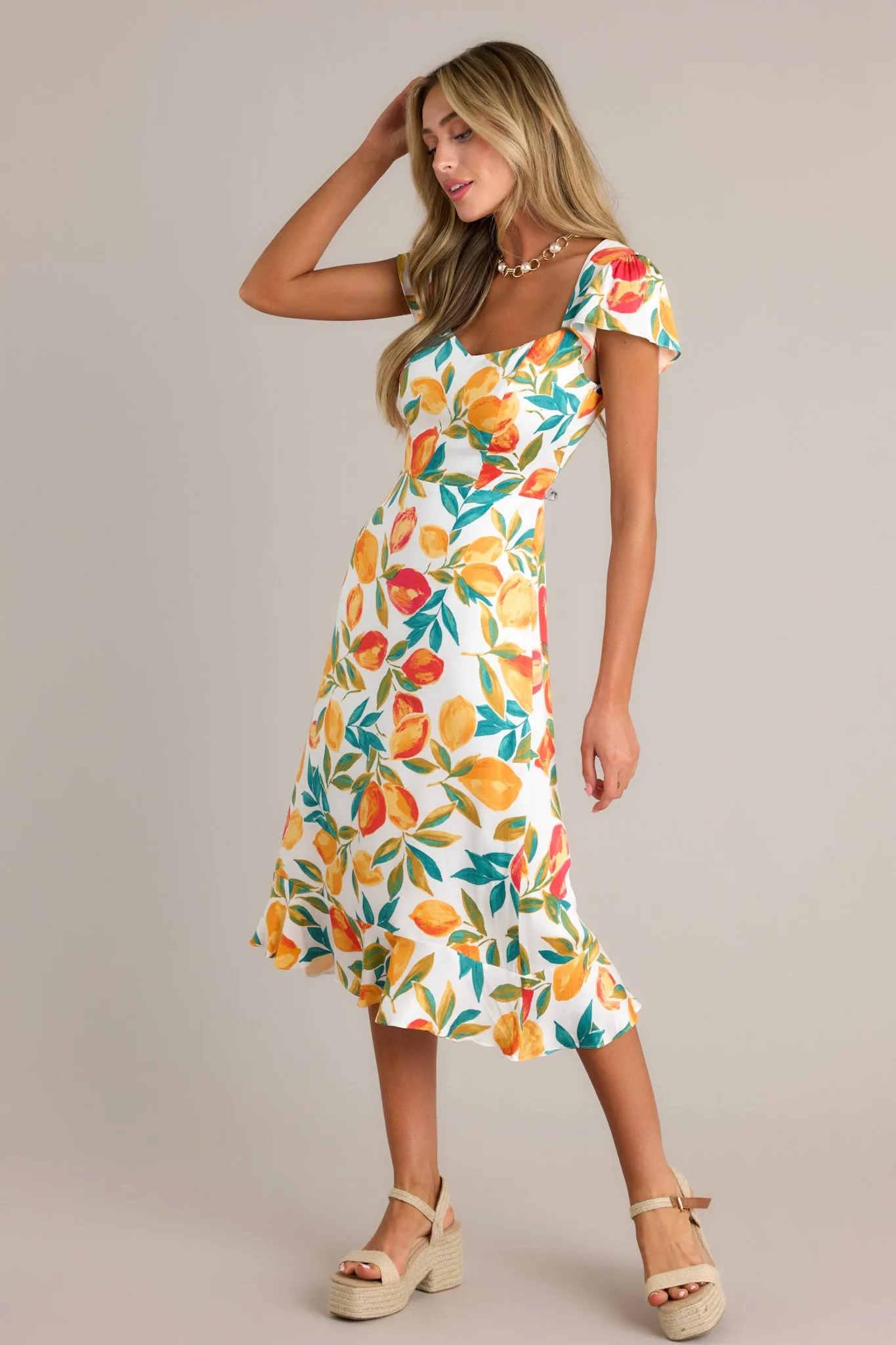 Sunshine & Bliss Ivory Multi Citrus Print Midi Dress