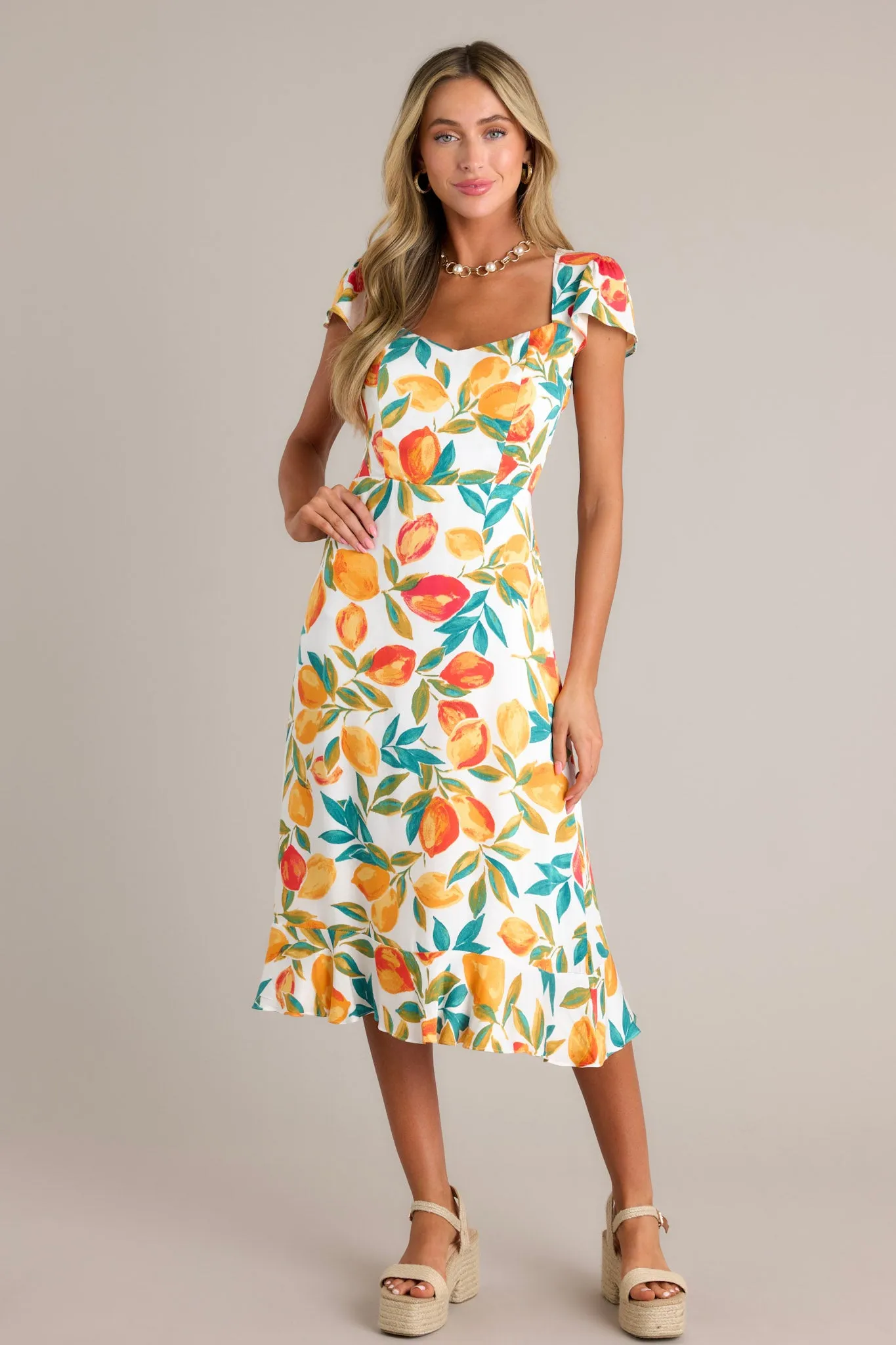 Sunshine & Bliss Ivory Multi Citrus Print Midi Dress