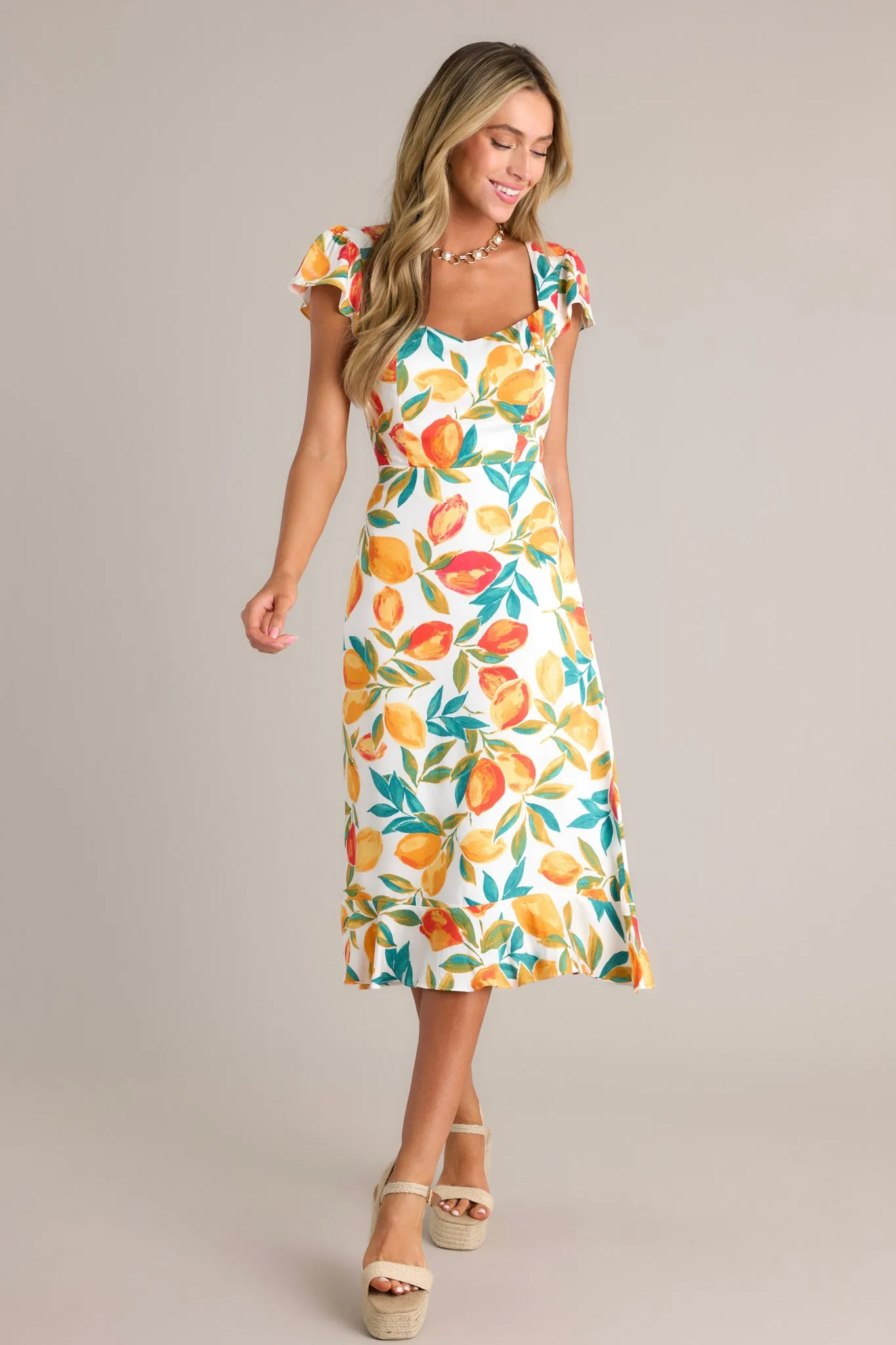 Sunshine & Bliss Ivory Multi Citrus Print Midi Dress