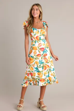 Sunshine & Bliss Ivory Multi Citrus Print Midi Dress