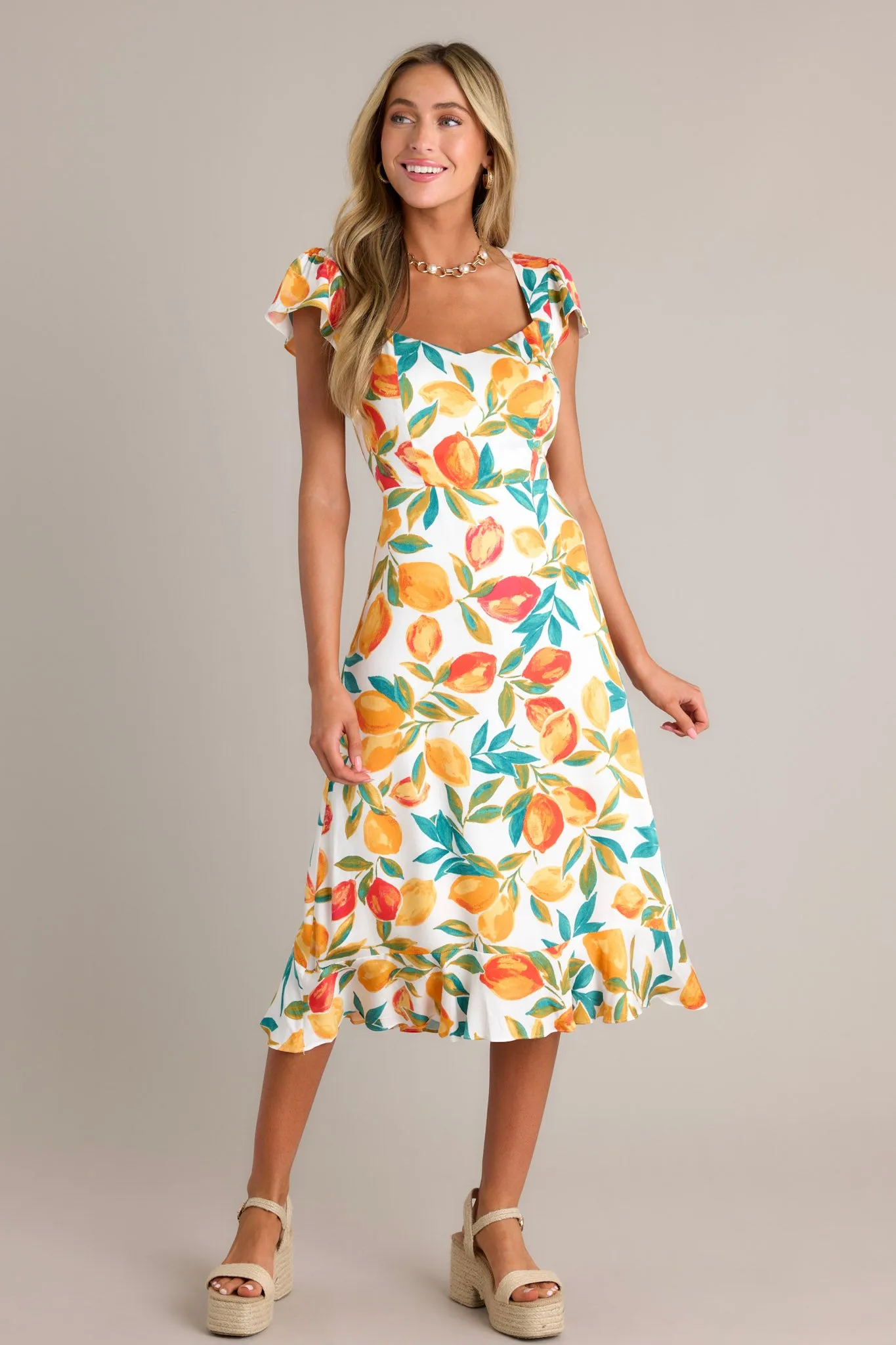 Sunshine & Bliss Ivory Multi Citrus Print Midi Dress