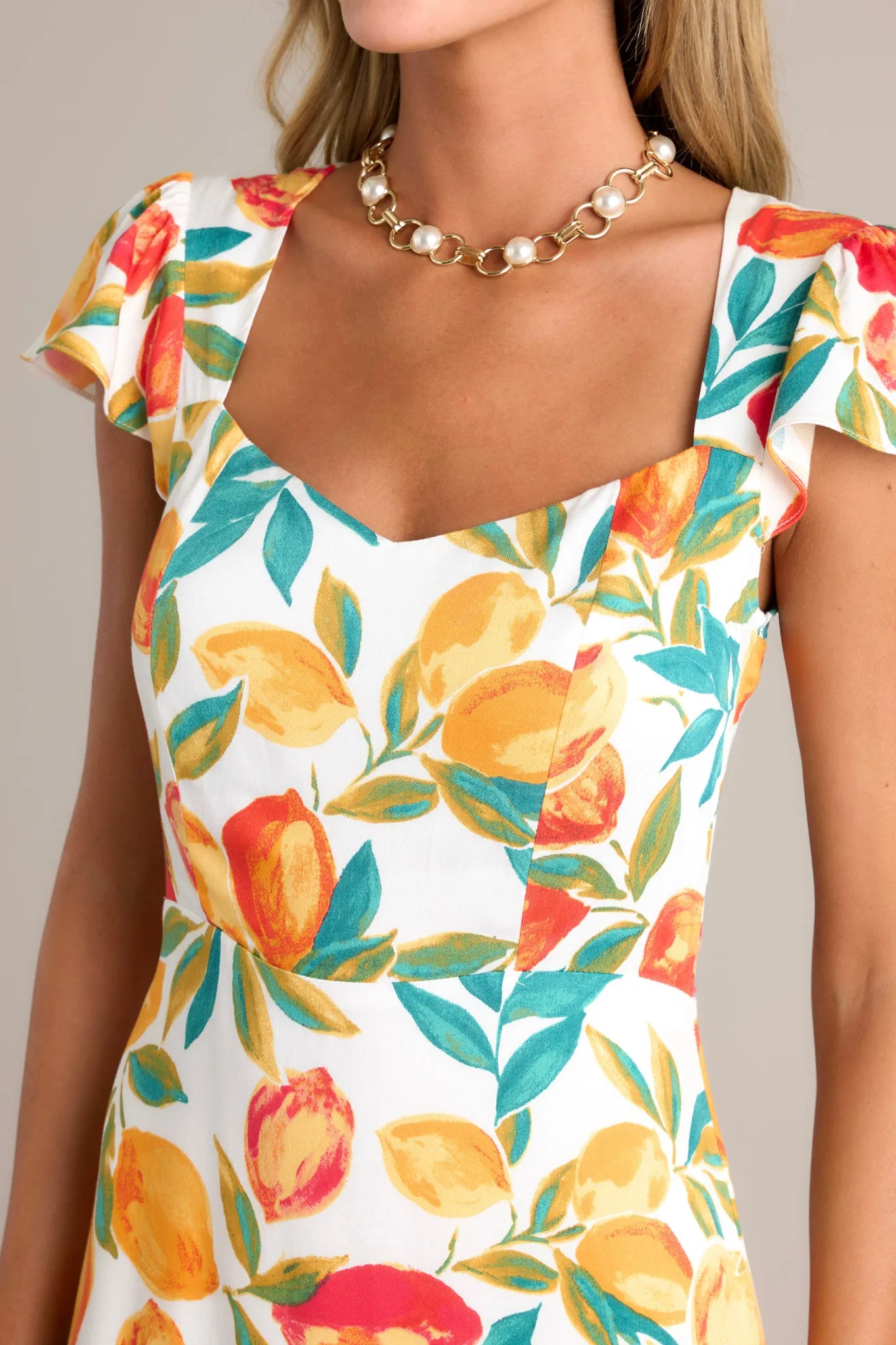 Sunshine & Bliss Ivory Multi Citrus Print Midi Dress