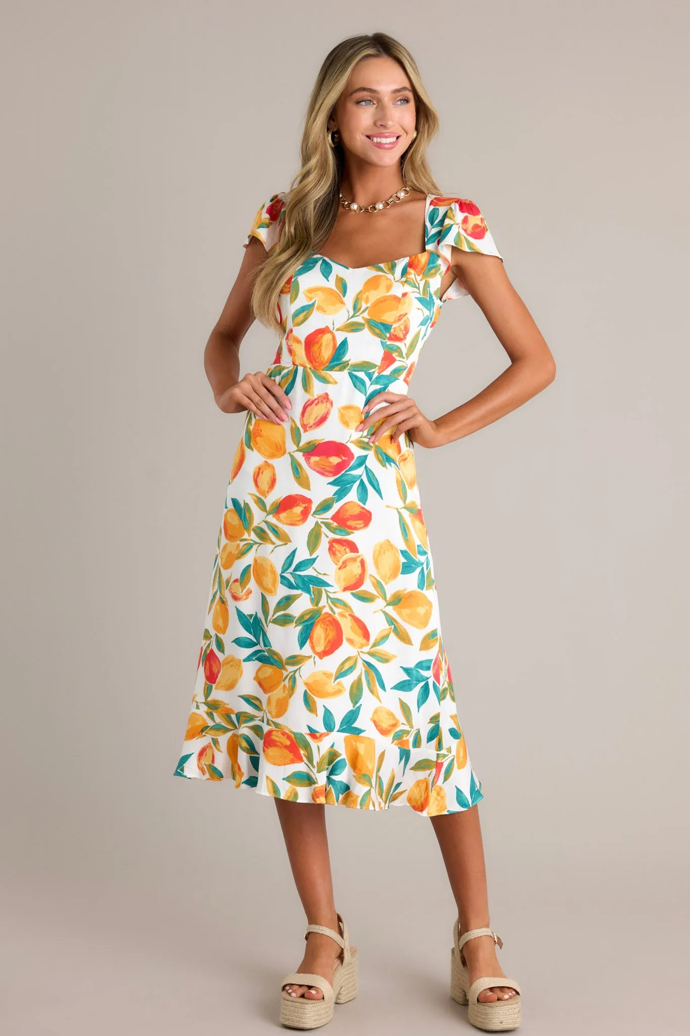 Sunshine & Bliss Ivory Multi Citrus Print Midi Dress