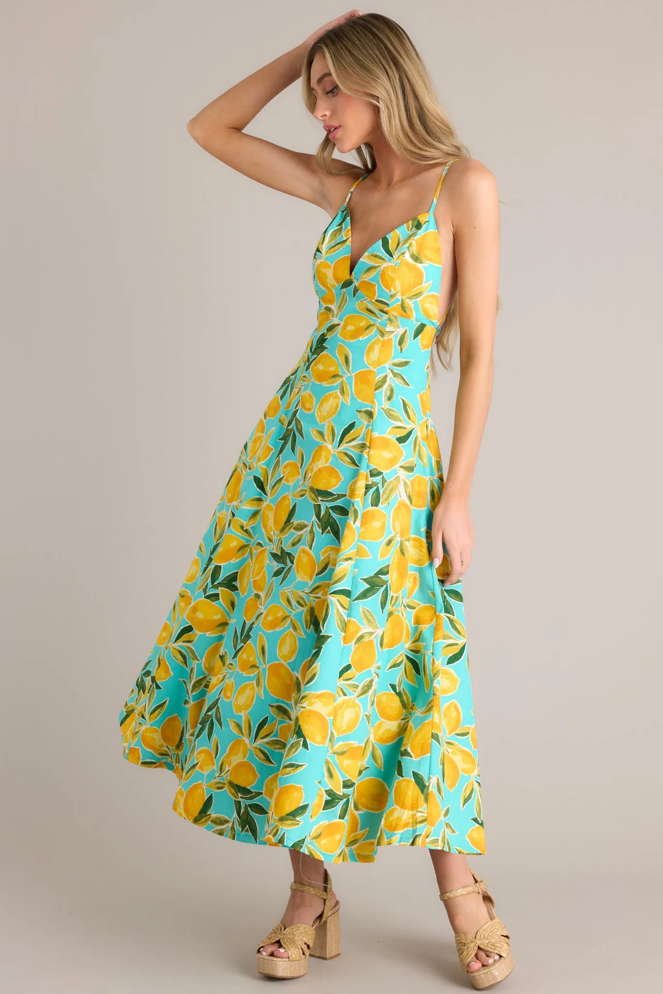 Sunshine Squeeze Aqua Lemon Print Midi Dress