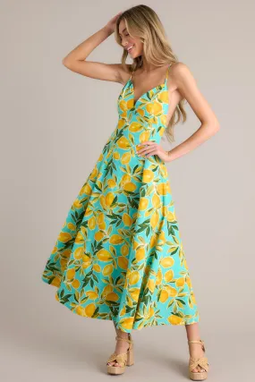 Sunshine Squeeze Aqua Lemon Print Midi Dress