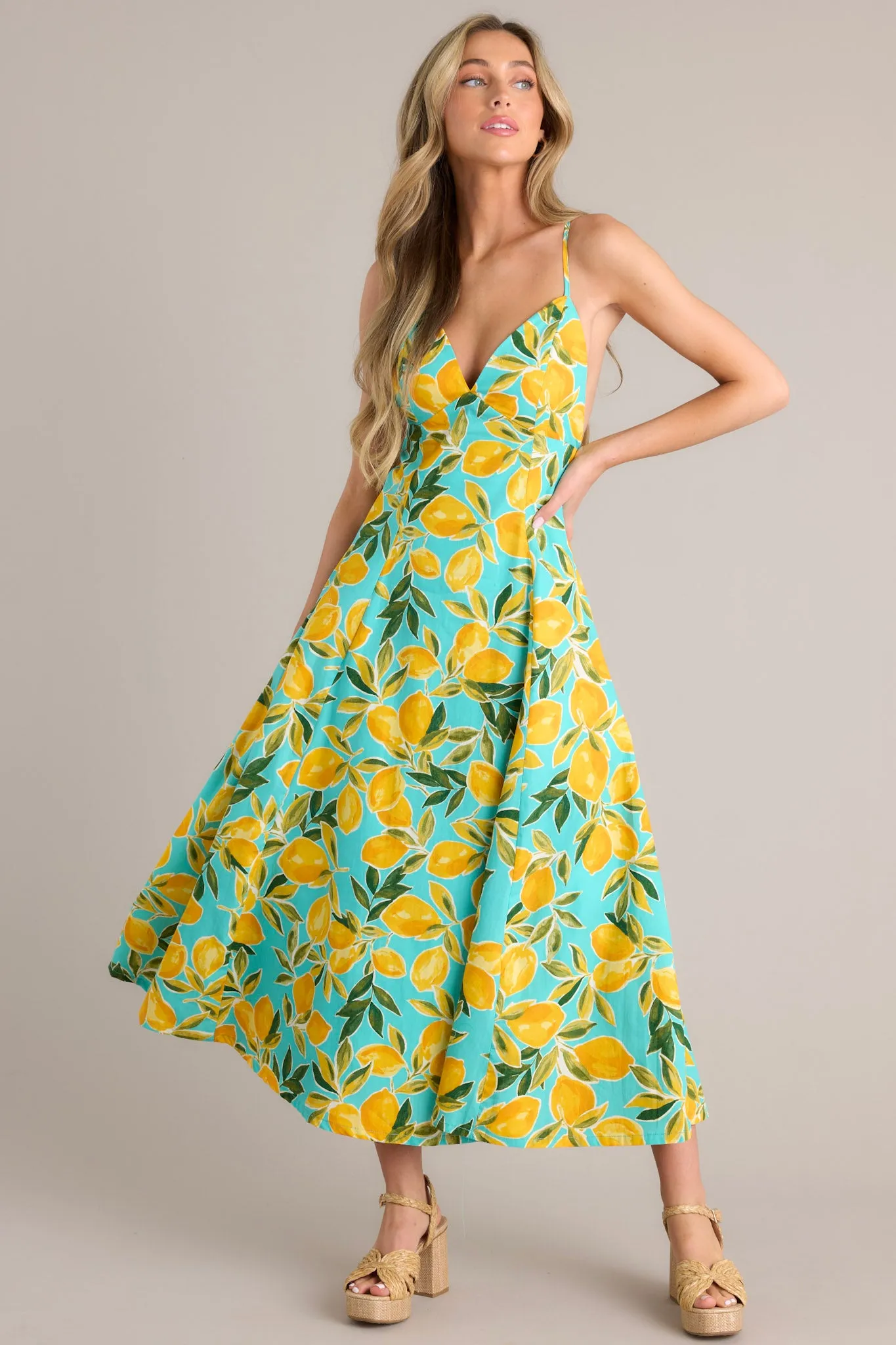 Sunshine Squeeze Aqua Lemon Print Midi Dress