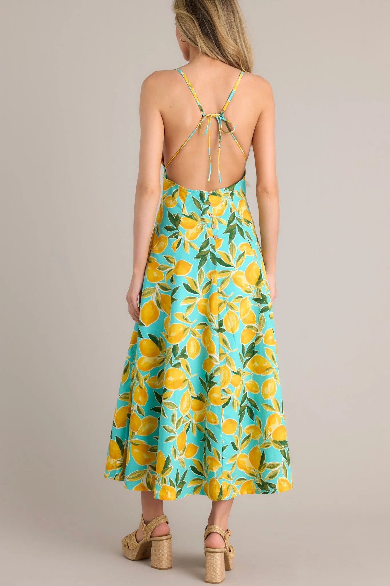 Sunshine Squeeze Aqua Lemon Print Midi Dress