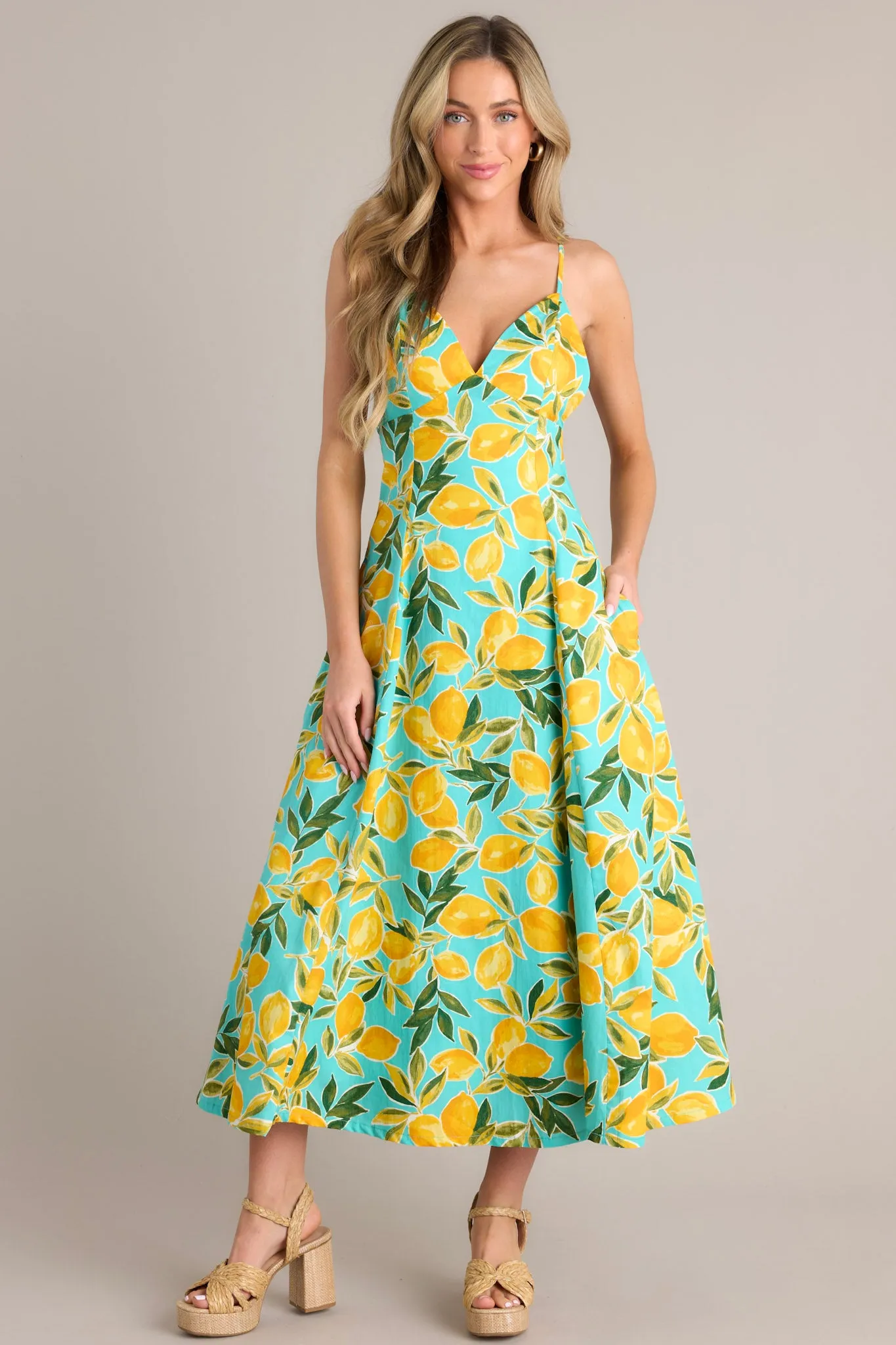 Sunshine Squeeze Aqua Lemon Print Midi Dress