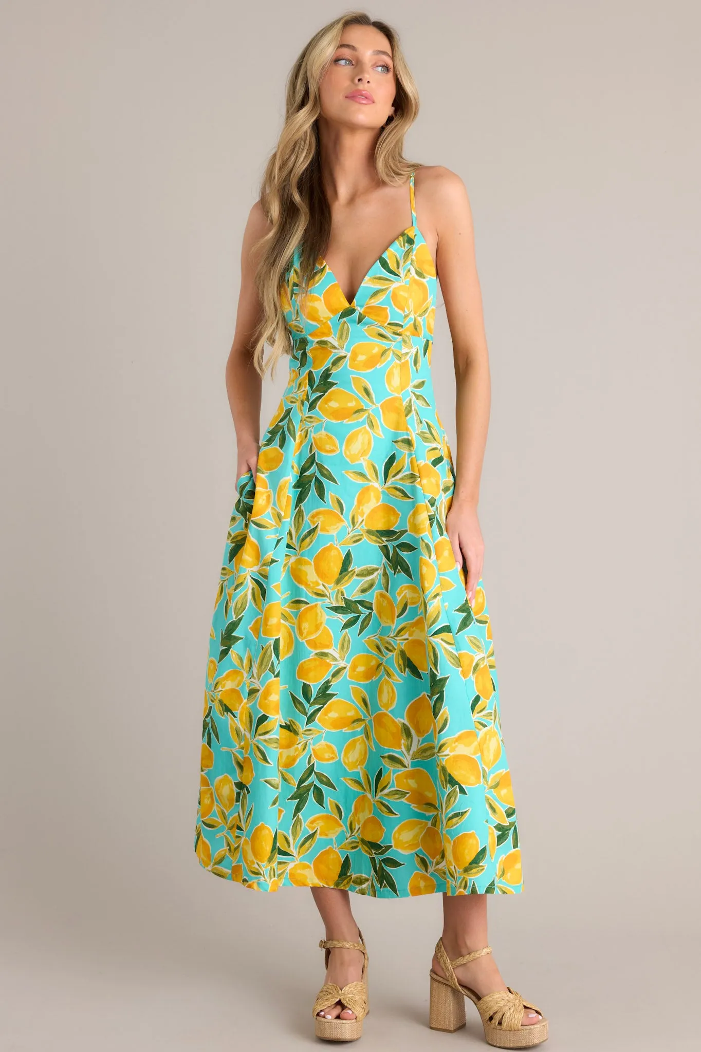 Sunshine Squeeze Aqua Lemon Print Midi Dress