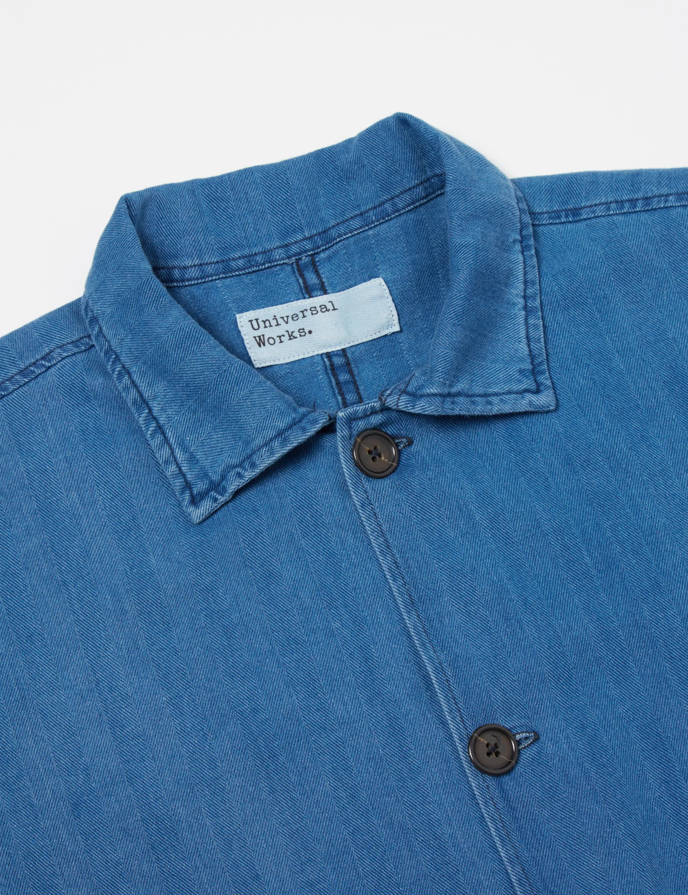 Universal Works Travail Shirt (Herringbone Denim) - Faded Indigo Blue