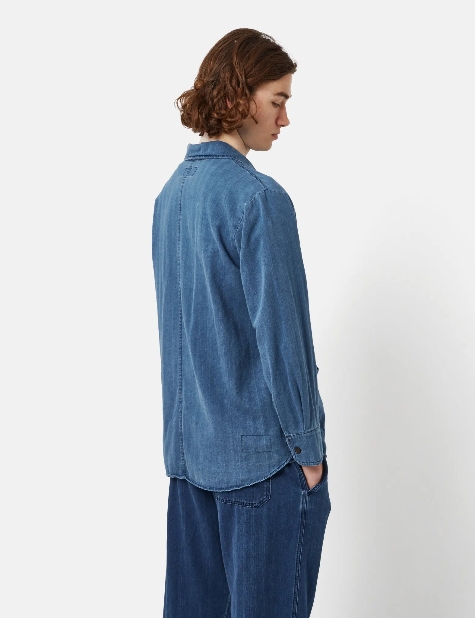 Universal Works Travail Shirt (Herringbone Denim) - Faded Indigo Blue