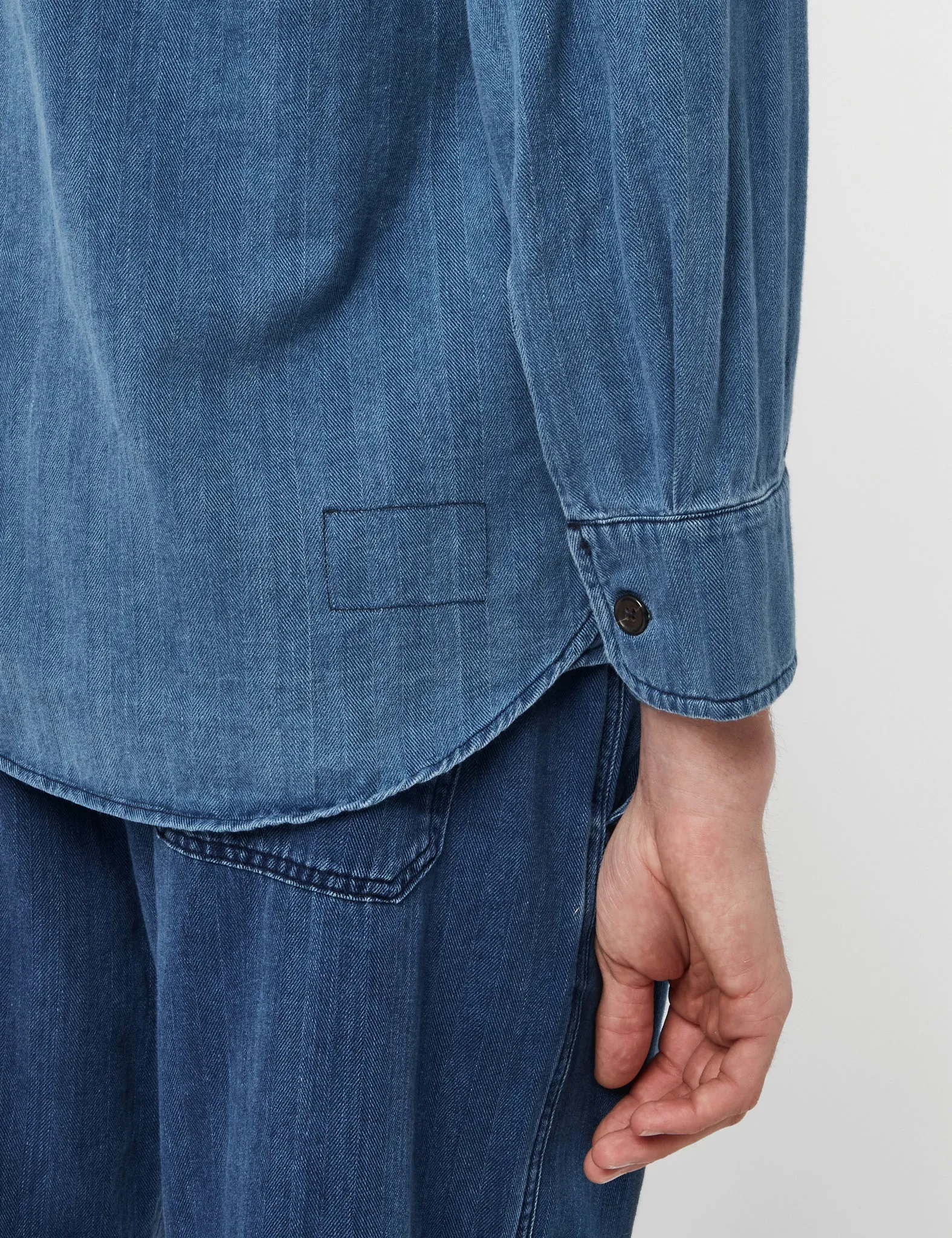 Universal Works Travail Shirt (Herringbone Denim) - Faded Indigo Blue