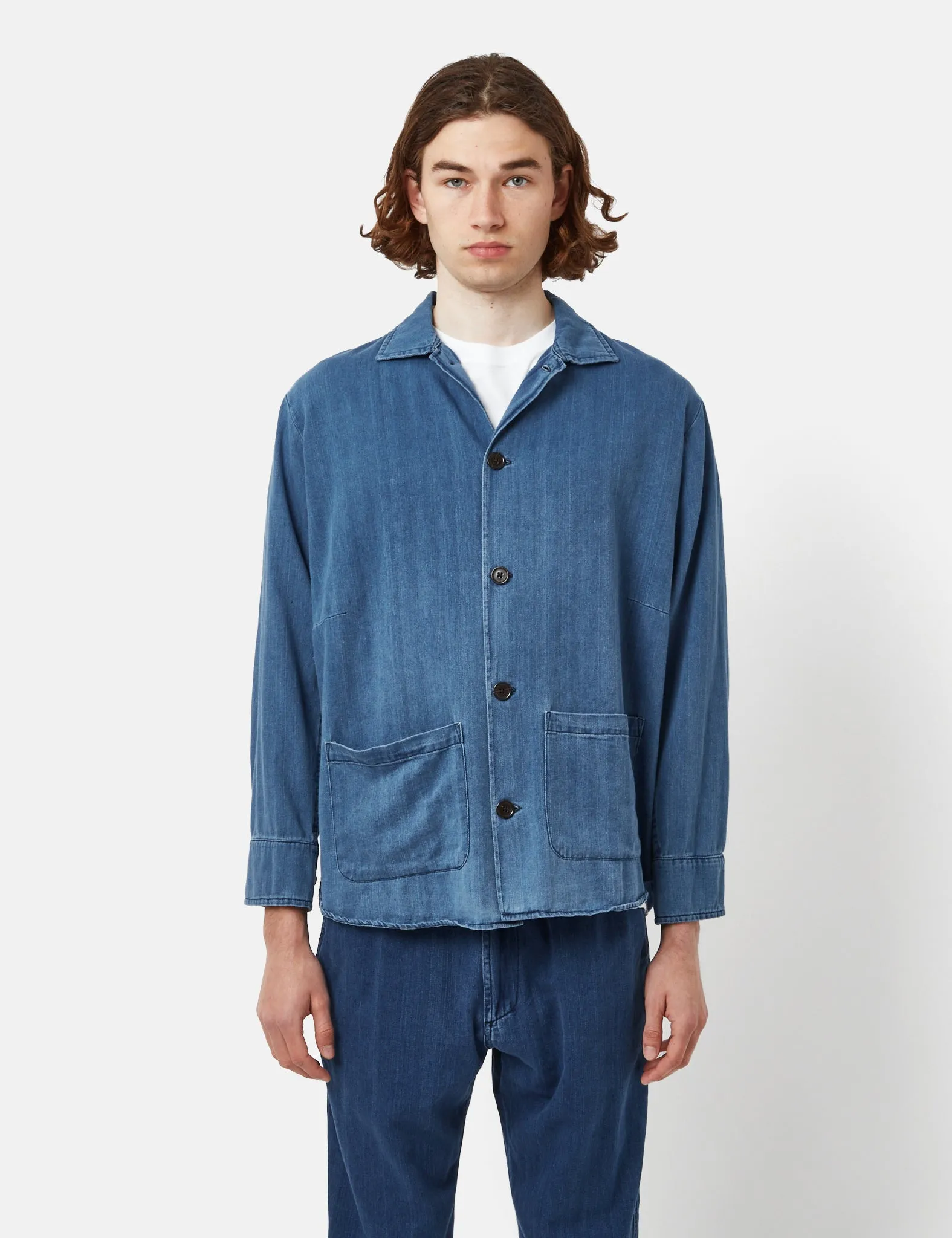 Universal Works Travail Shirt (Herringbone Denim) - Faded Indigo Blue